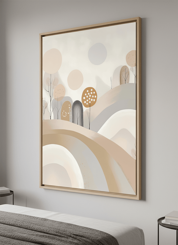 Minimalist artwork displayed in a calm, light-filled bedroom interior