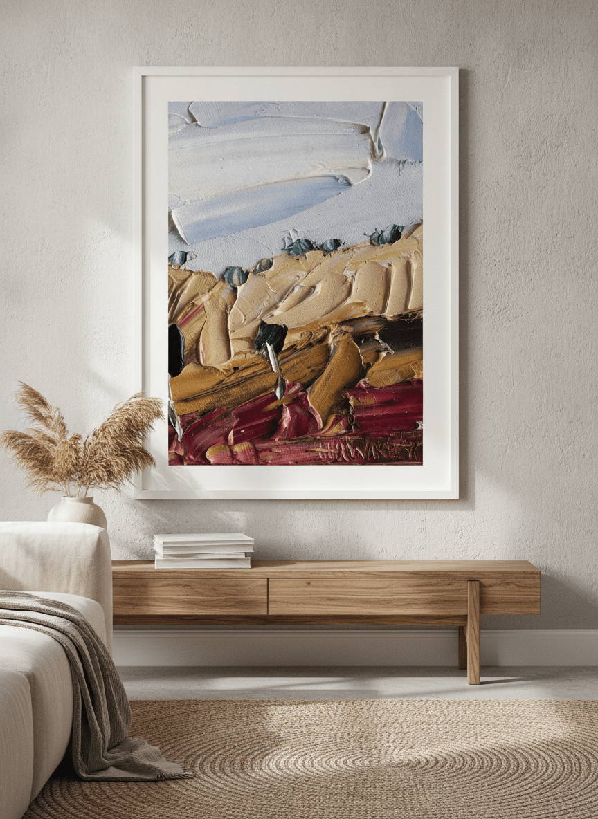 Modern wall art styled above a sofa in a neutral living room
