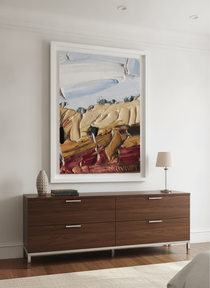 Monumental artwork centred on a feature wall in a luxe interior