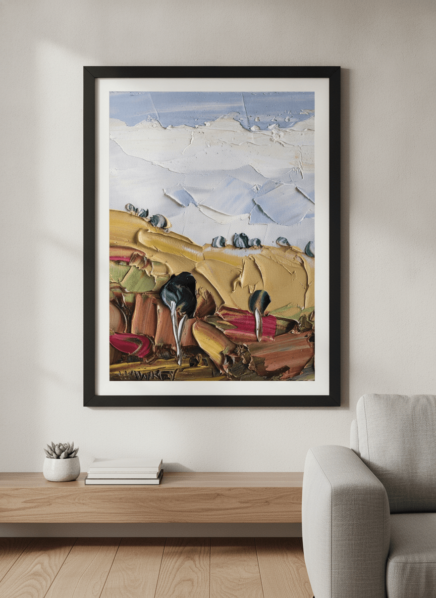 Modern wall art styled above a sofa in a neutral living room