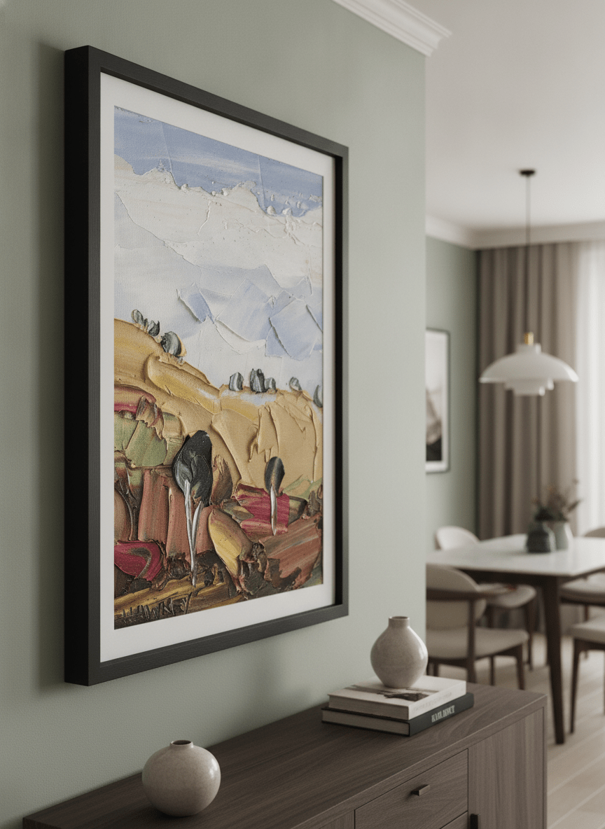 Wall art styled above a dining table in a contemporary home