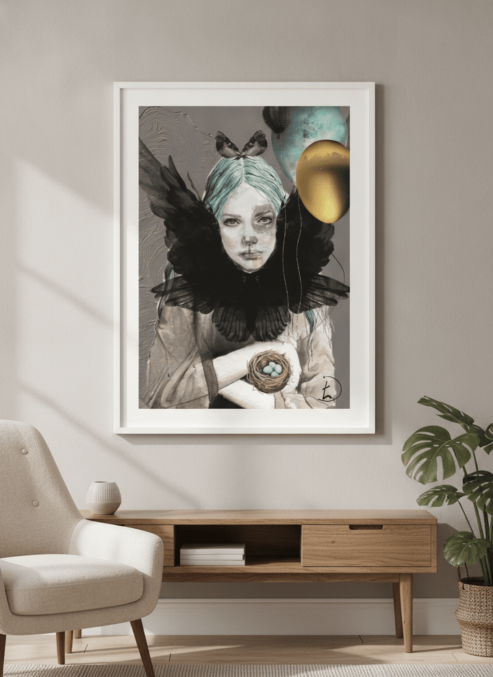 Minimalist artwork displayed in a calm, light-filled bedroom interior