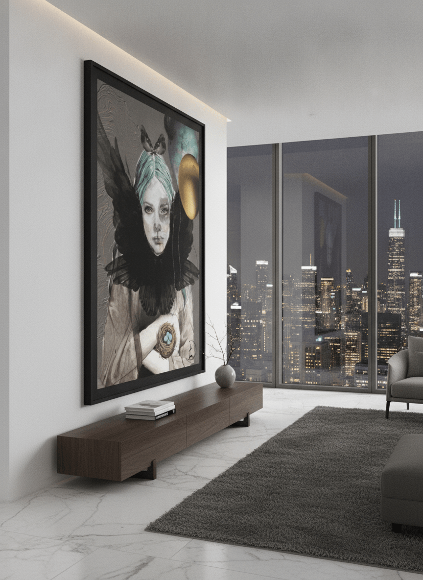 Monumental artwork centred on a feature wall in a luxe interior