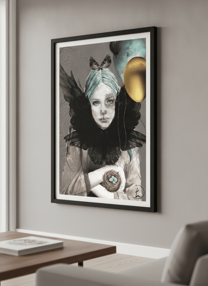 Modern wall art styled above a sofa in a neutral living room