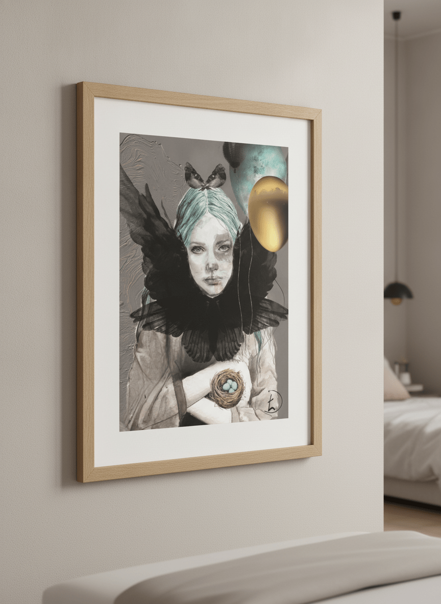 Minimalist artwork displayed in a calm, light-filled bedroom interior