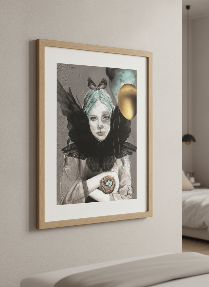 Minimalist artwork displayed in a calm, light-filled bedroom interior