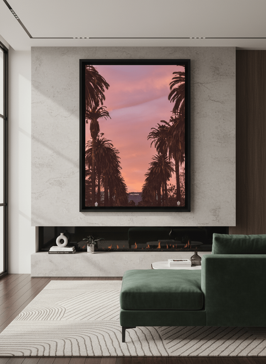 Monumental artwork centred on a feature wall in a luxe interior