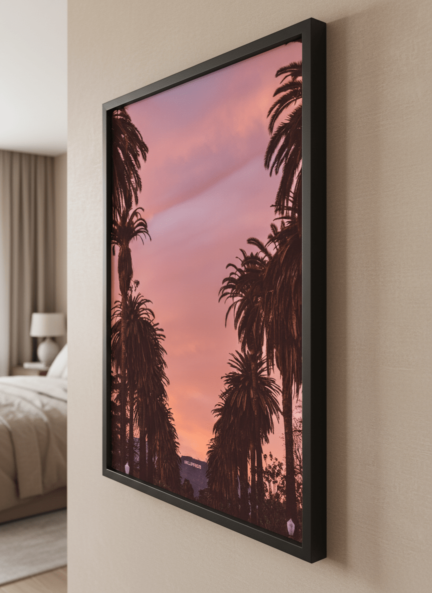 Minimalist artwork displayed in a calm, light-filled bedroom interior