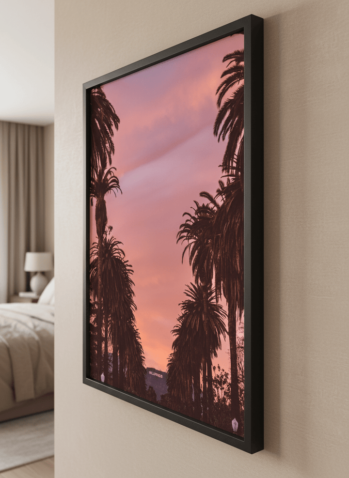 Minimalist artwork displayed in a calm, light-filled bedroom interior