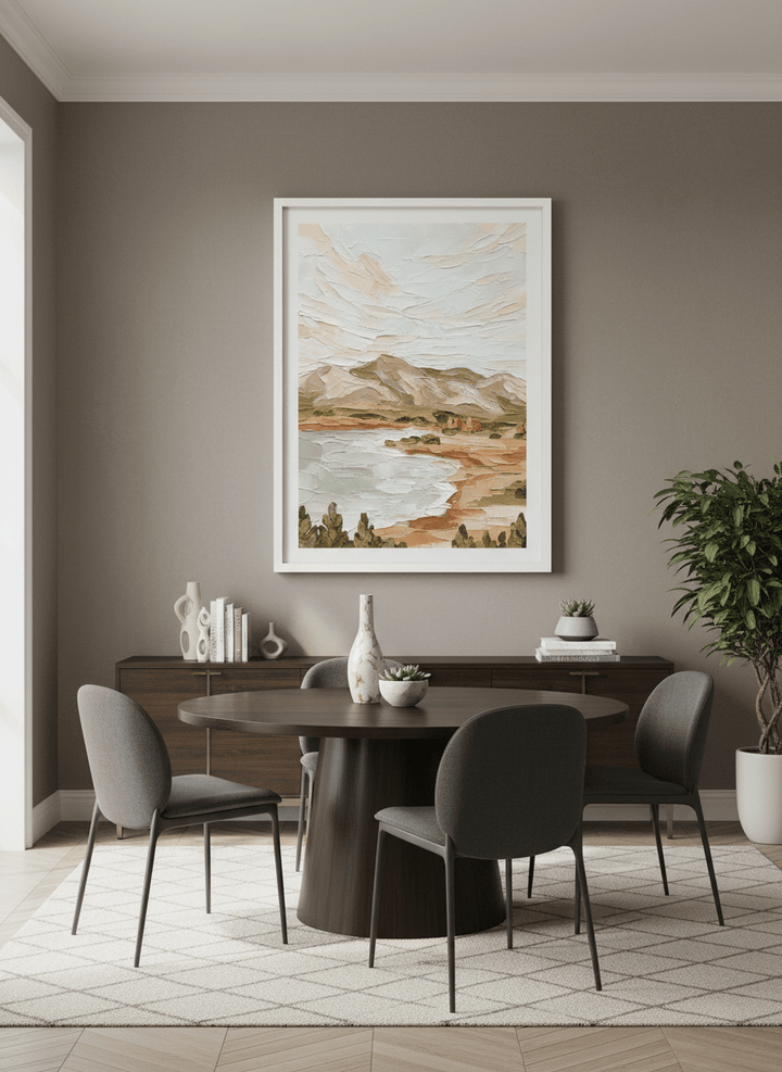 Monumental artwork centred on a feature wall in a luxe interior