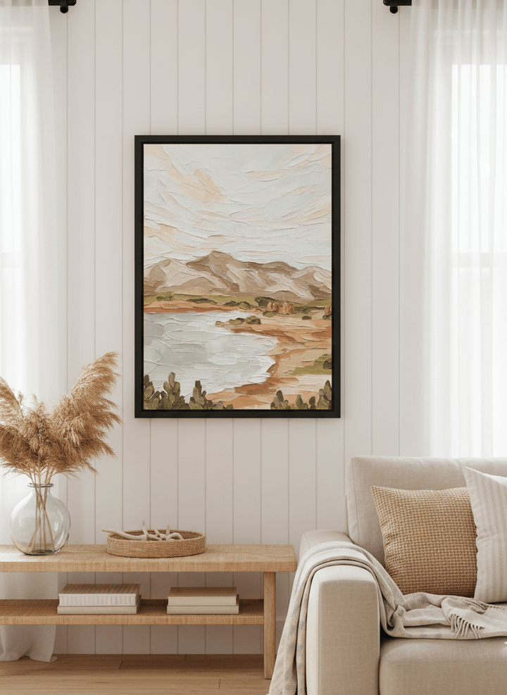 Neutral wall art displayed in a sunny coastal beach house