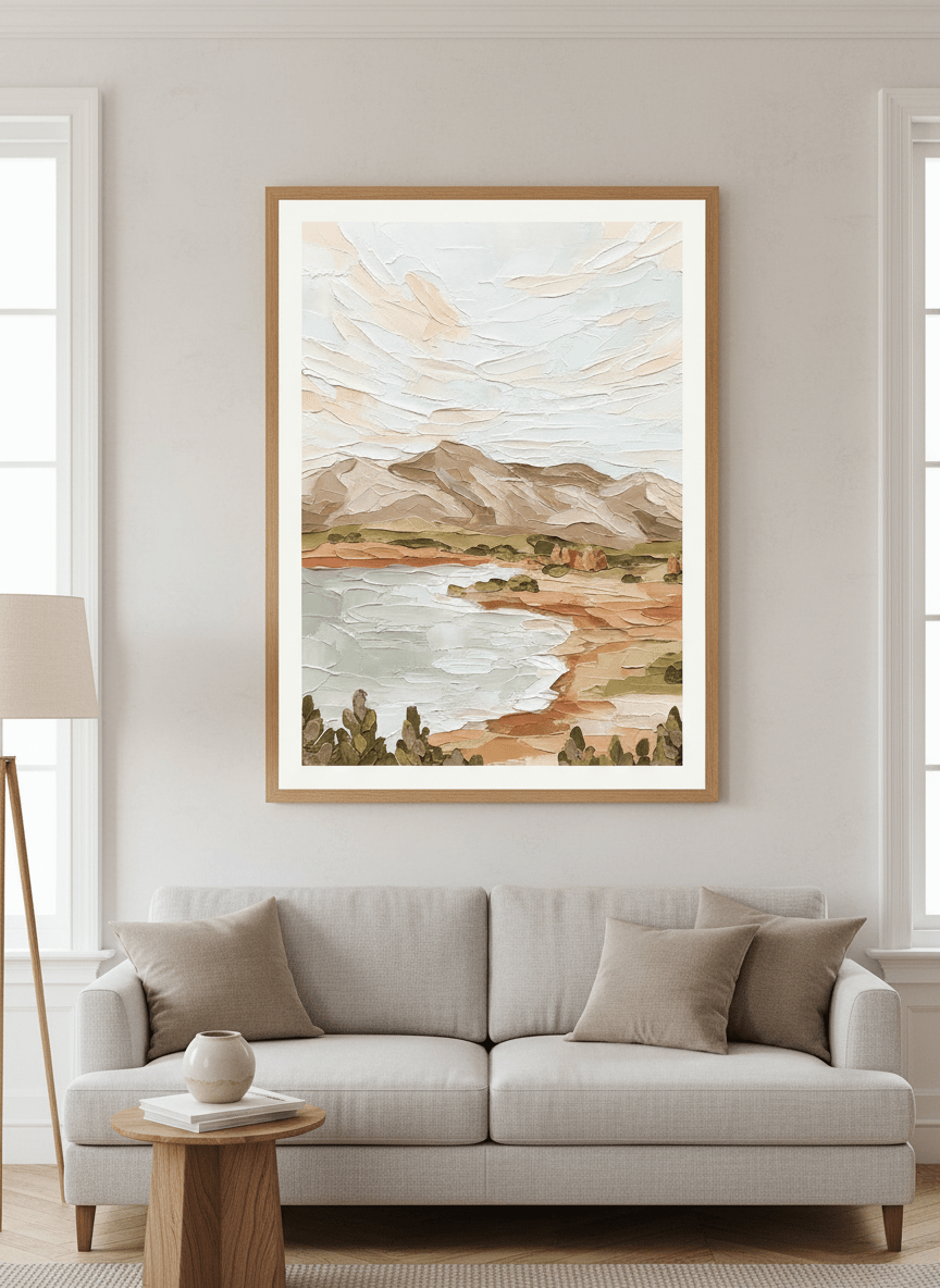 Modern wall art styled above a sofa in a neutral living room