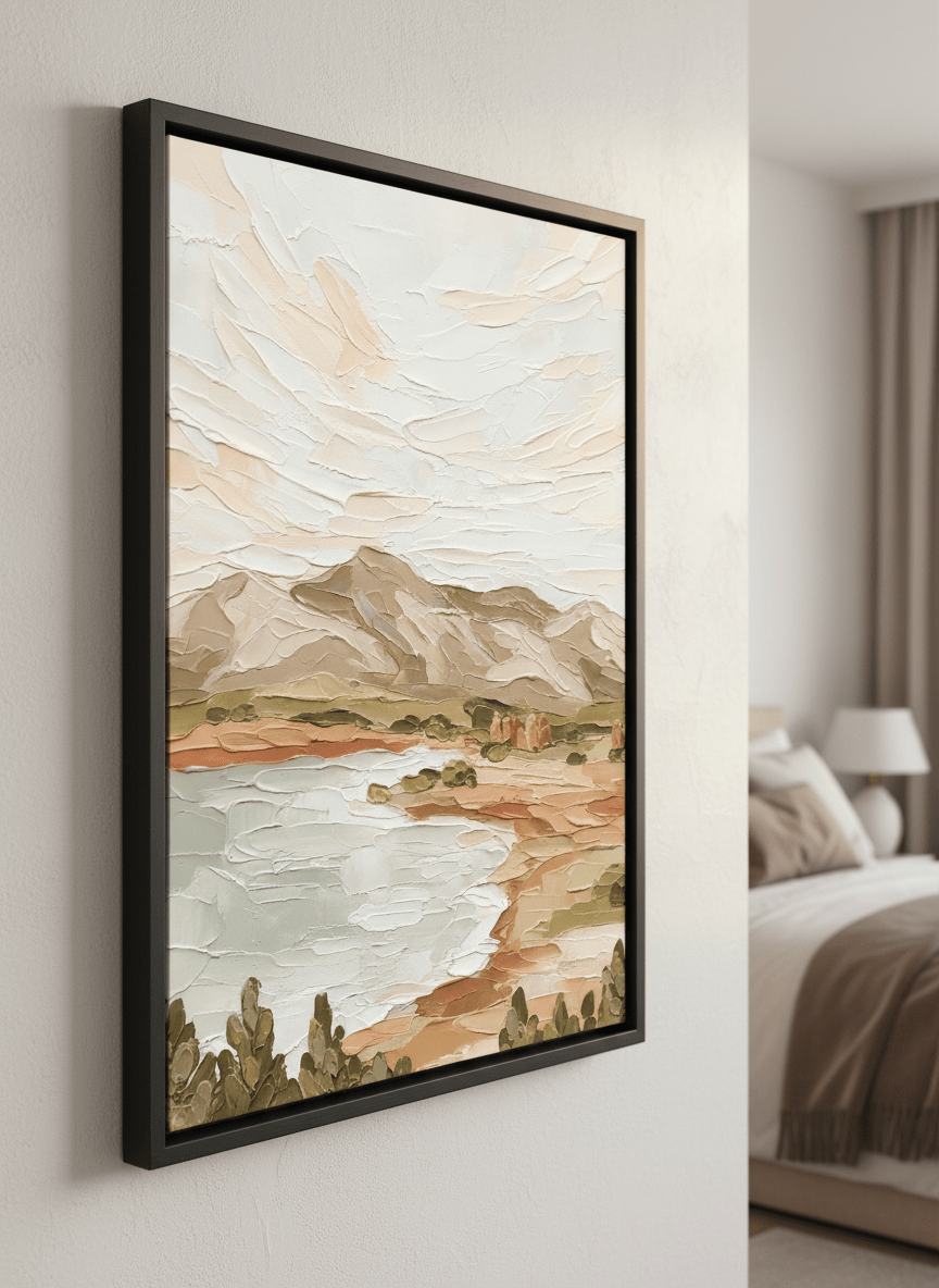 Minimalist artwork displayed in a calm, light-filled bedroom interior