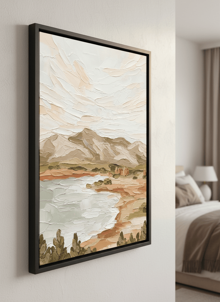 Minimalist artwork displayed in a calm, light-filled bedroom interior