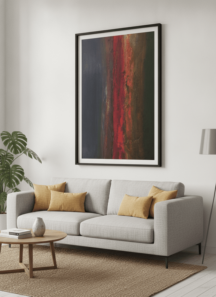 Modern wall art styled above a sofa in a neutral living room