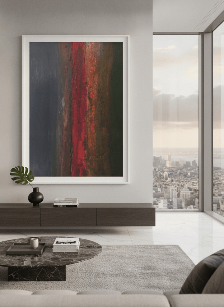 Monumental artwork centred on a feature wall in a luxe interior