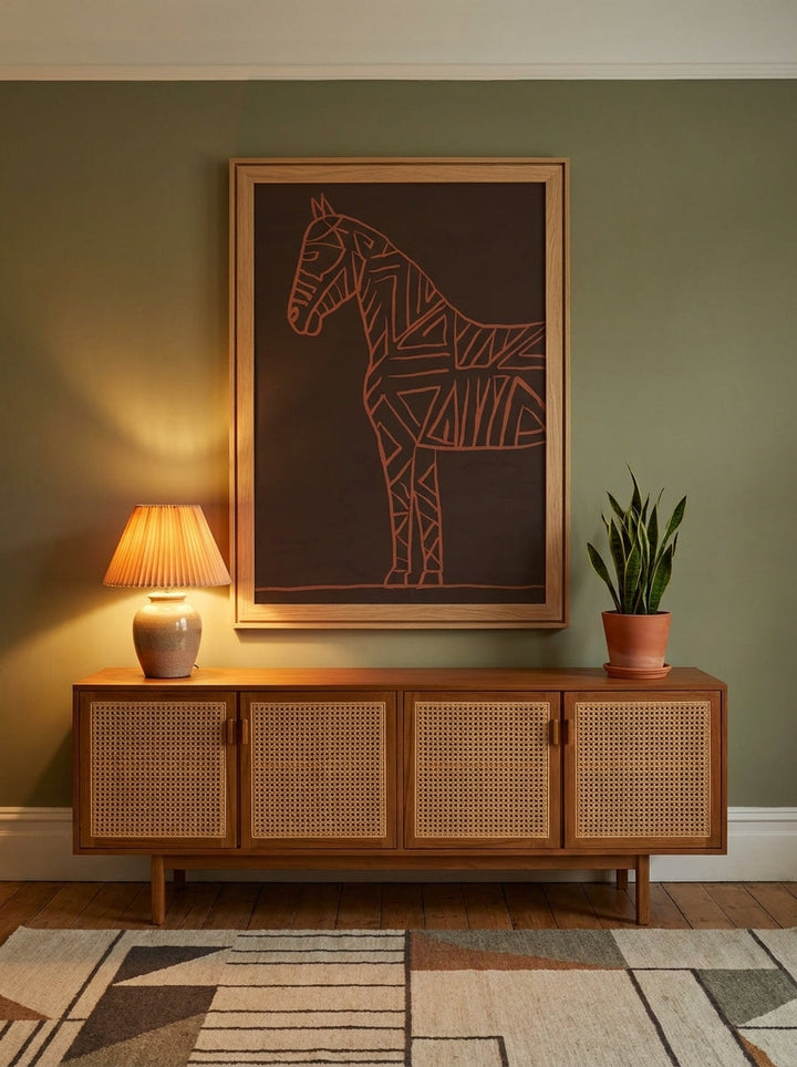 Oversized statement modern wall art print styled on the wall in a mid-century living room