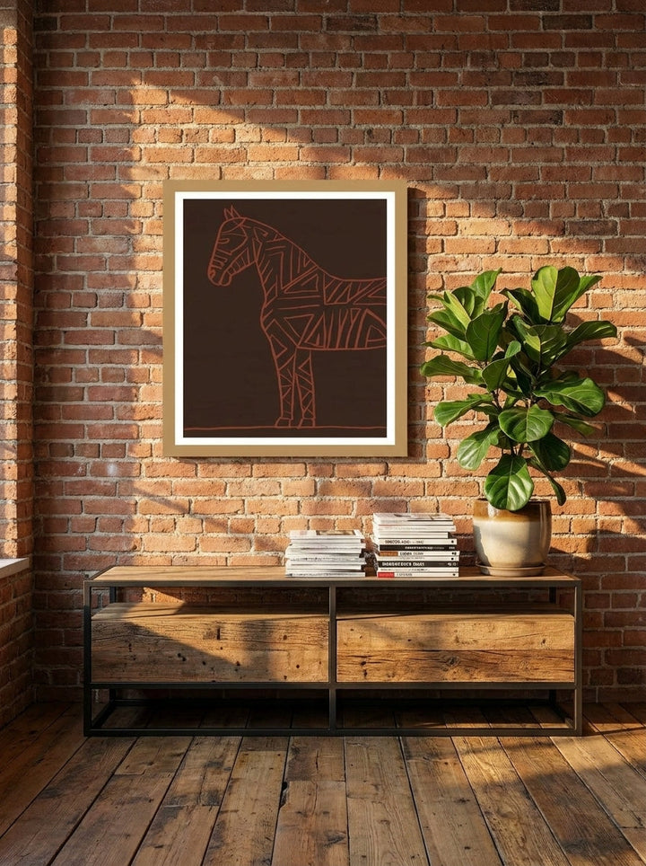 Modern wall art print styled on the wall in an industrial loft living room