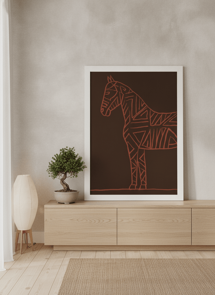 Modern wall art print standing on a sideboard in a warm Japandi bedroom