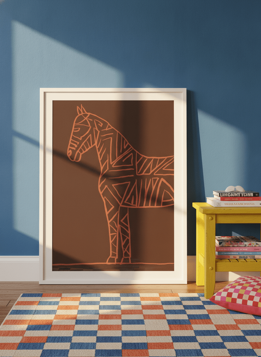Modern wall art print leaning against the wall in a colourful eclectic bedroom