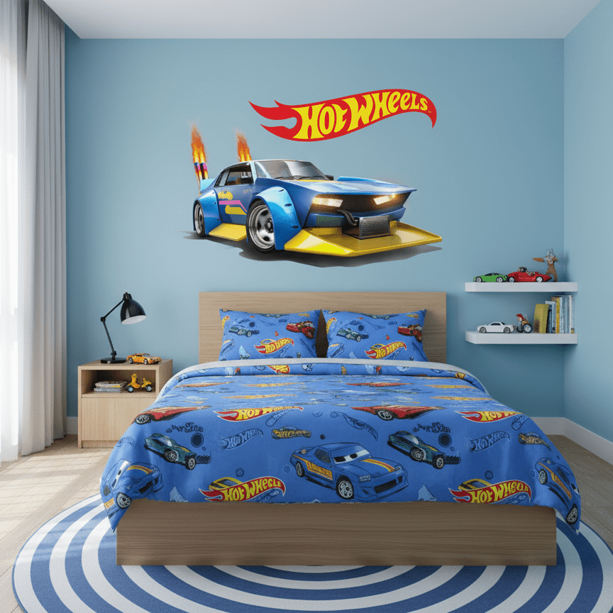 Children's bedroom with Hot Wheels theme, including bedding and wall decal.