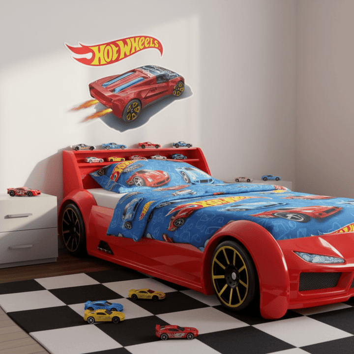 Red Hot Wheels bed with matching car toys in a room with checkered floor.