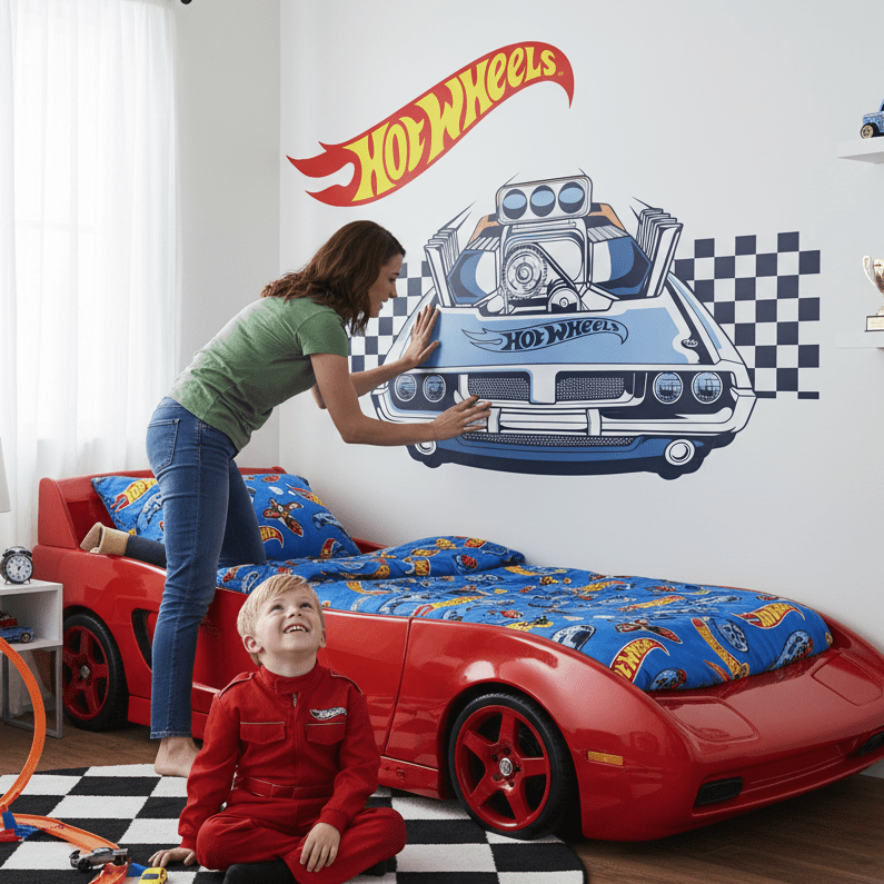 Child's bedroom with a red car-shaped bed and Hot Wheels theme.