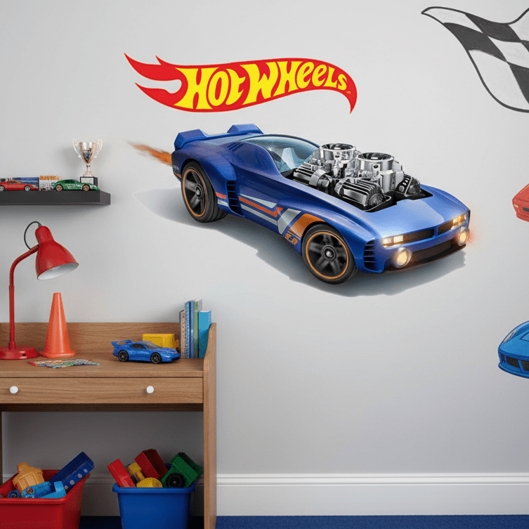 Children's room with Hot Wheels theme, including cars on the wall and toys on a desk.