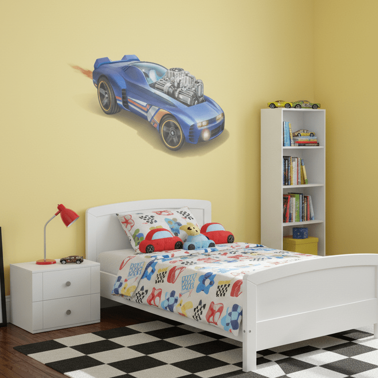Children's bedroom with a blue car wall decal, white bed, and checkered floor.