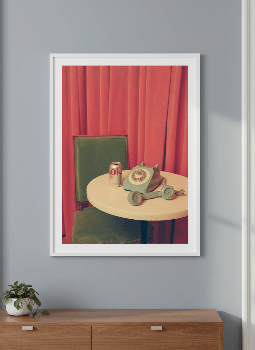 Minimalist artwork displayed in a calm, light-filled bedroom interior