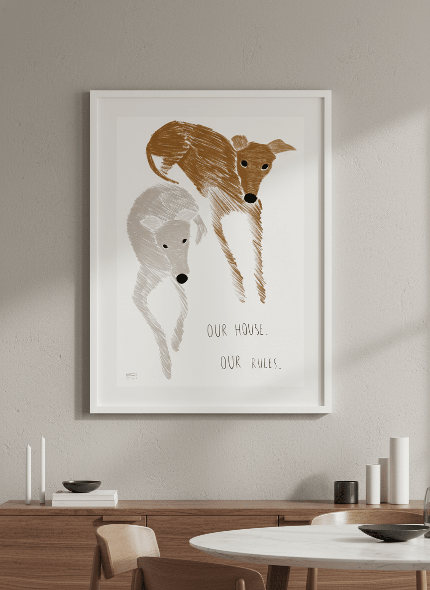Wall art styled above a dining table in a contemporary home