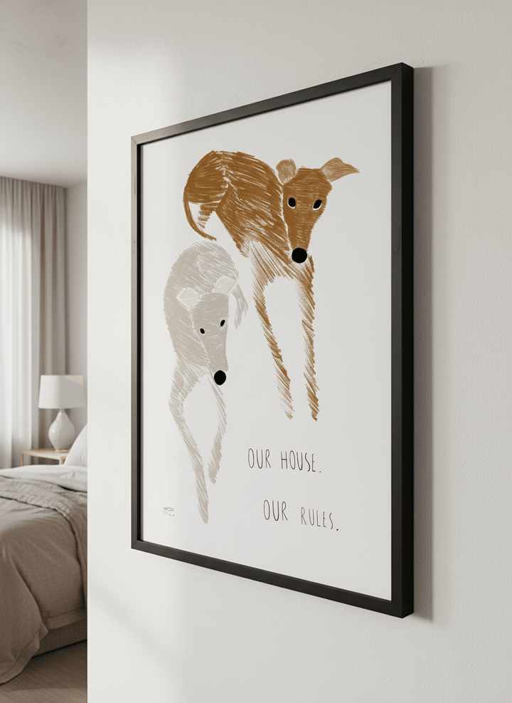 Minimalist artwork displayed in a calm, light-filled bedroom interior