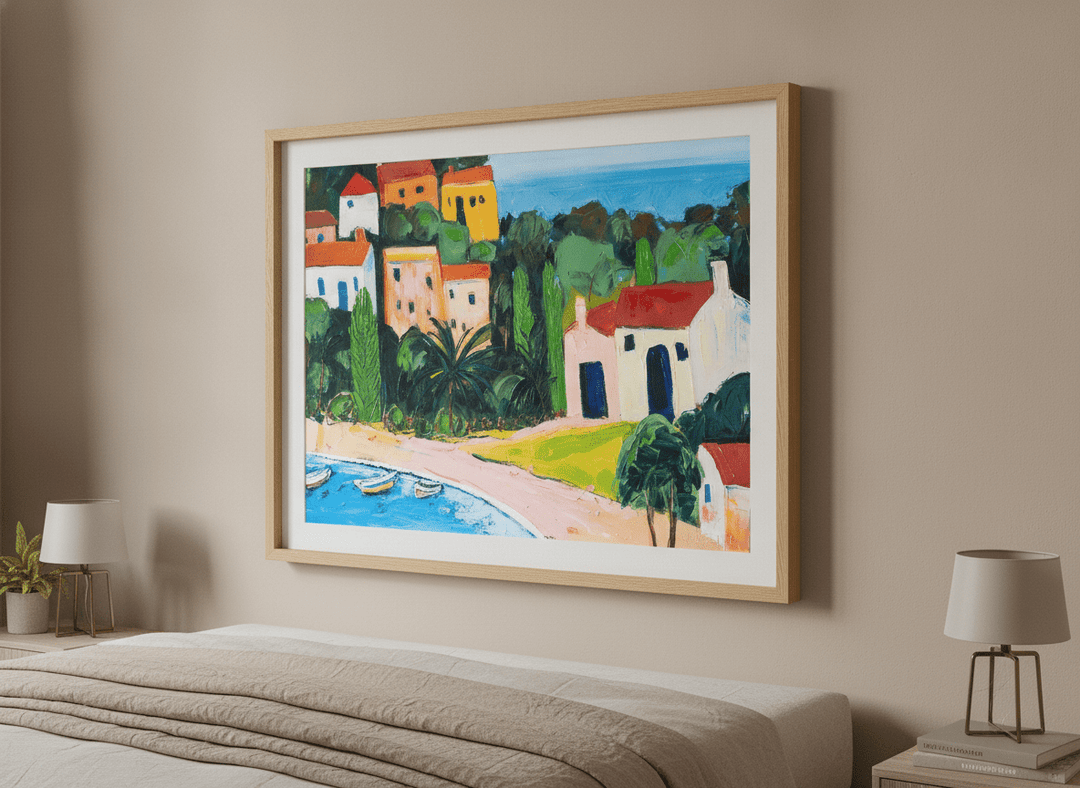 Minimalist artwork displayed in a calm, light-filled bedroom interior
