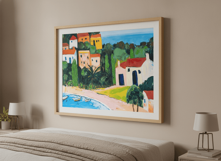 Minimalist artwork displayed in a calm, light-filled bedroom interior