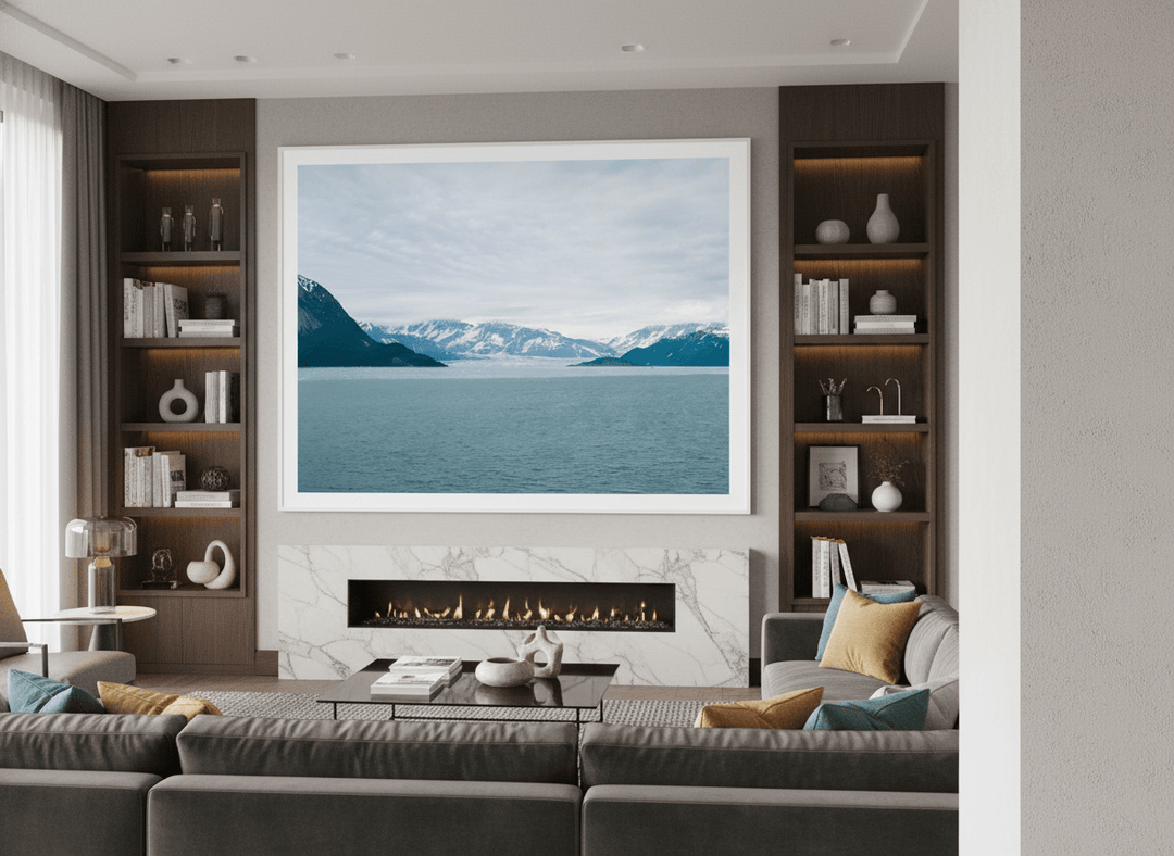 Monumental artwork centred on a feature wall in a luxe interior