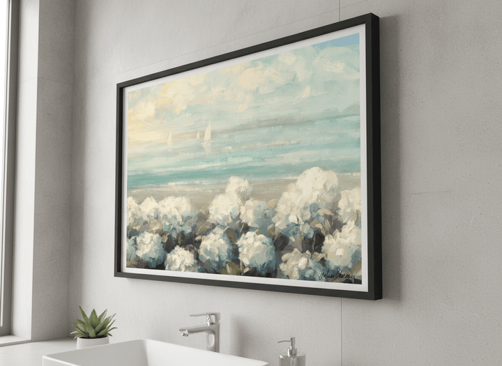 Modern print displayed in a clean minimalist bathroom setting