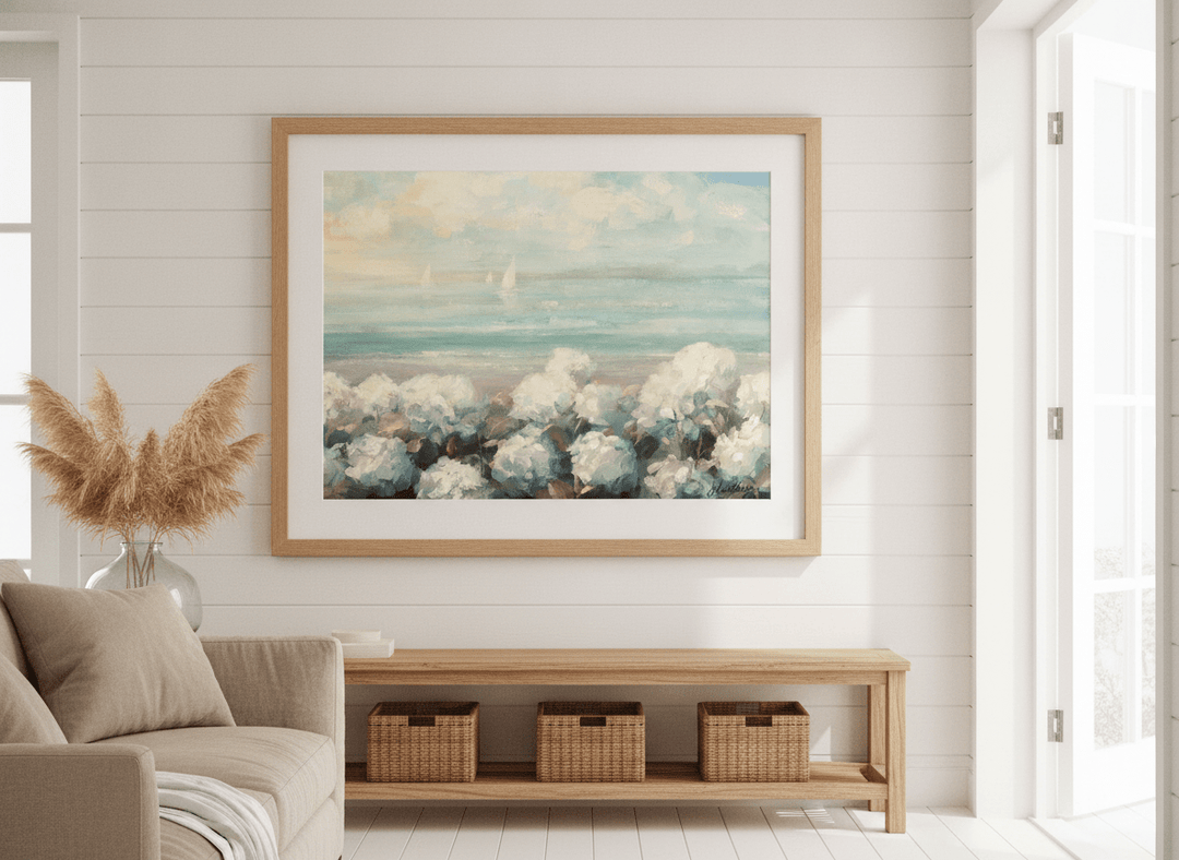 Neutral wall art displayed in a sunny coastal beach house