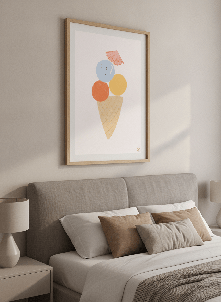 Minimalist artwork displayed in a calm, light-filled bedroom interior