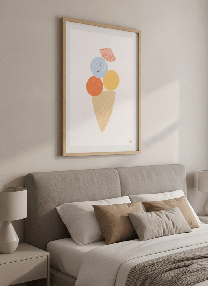 Minimalist artwork displayed in a calm, light-filled bedroom interior