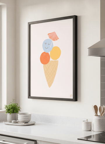 Artwork styled on the wall of a bright modern kitchen