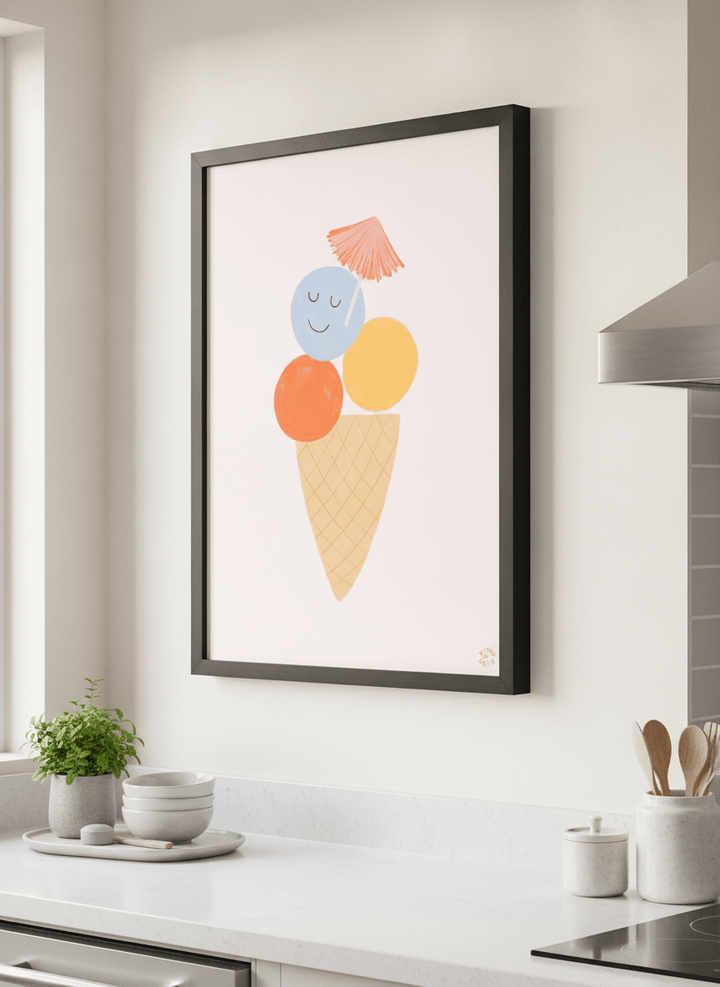 Artwork styled on the wall of a bright modern kitchen