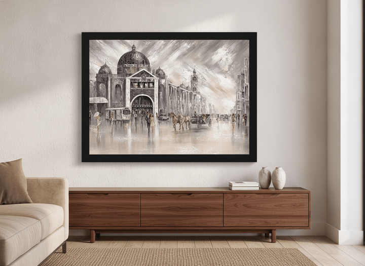 Artwork displayed above a credenza in a real-looking contemporary home