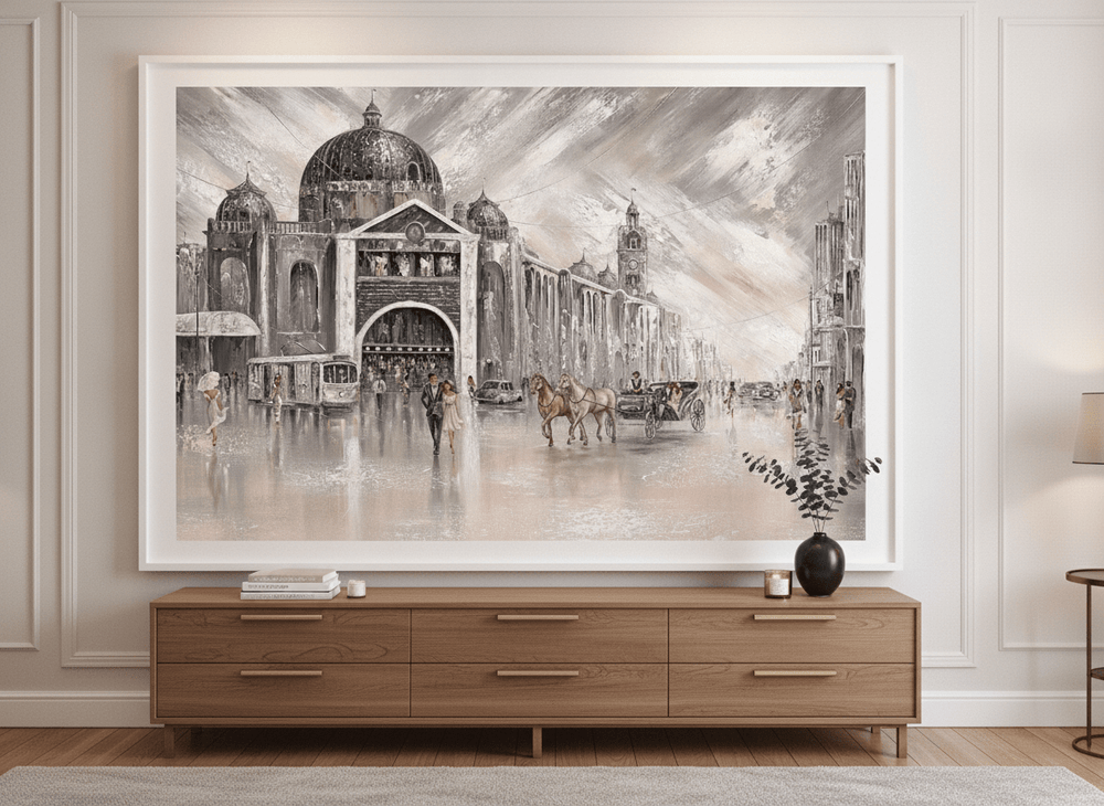 Monumental artwork centred on a feature wall in a luxe interior
