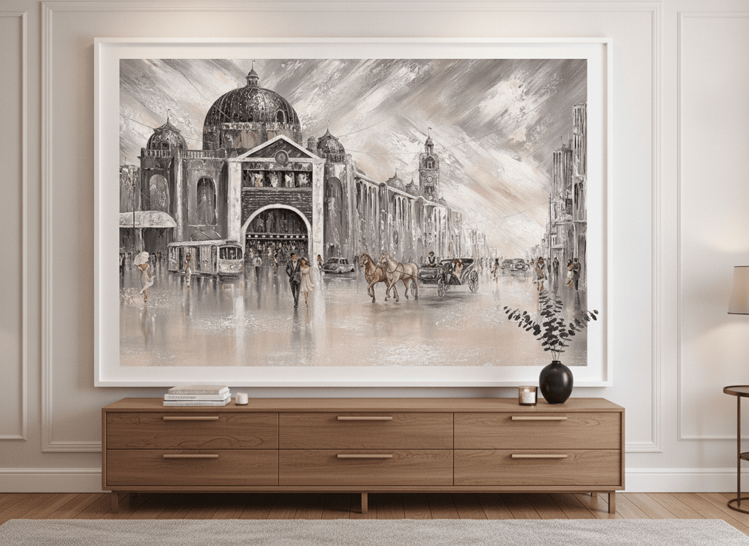 Monumental artwork centred on a feature wall in a luxe interior