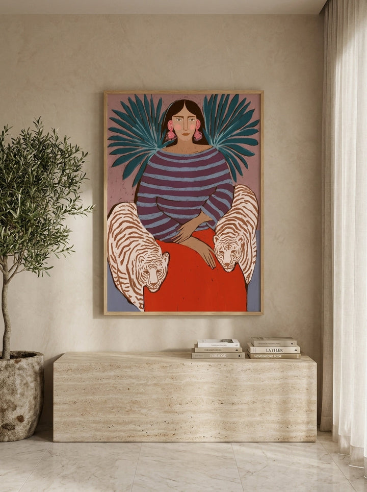 Modern wall art print styled on the wall in a luxe living room