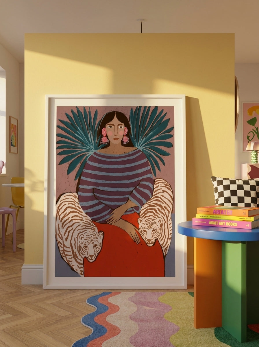Oversized statement modern wall art print leaning against the wall in a colourful eclectic dining room