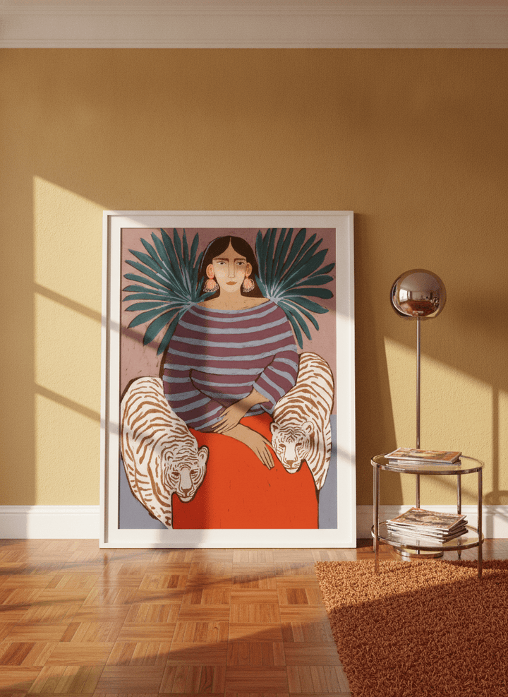 Oversized statement modern wall art print leaning against the wall in a retro 70s living room