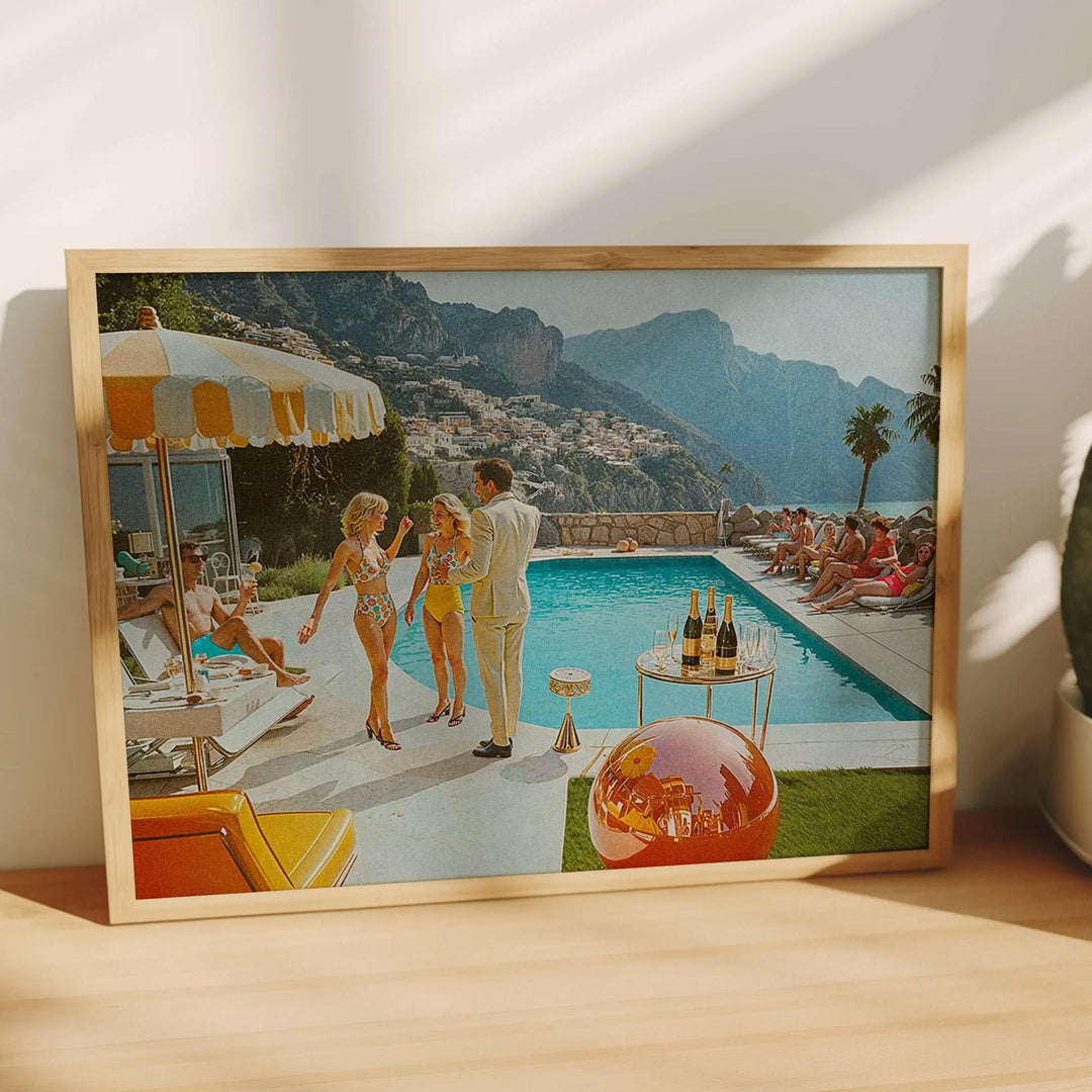 La Dolce Vita Poolside Party Retro Print,gallery wall,timber border