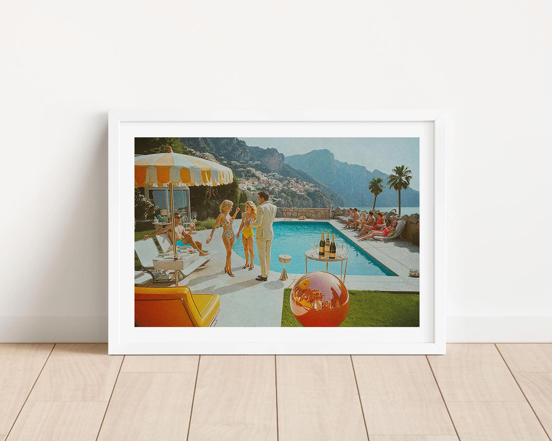 La Dolce Vita Poolside Party Retro Print,gallery wall,white  border