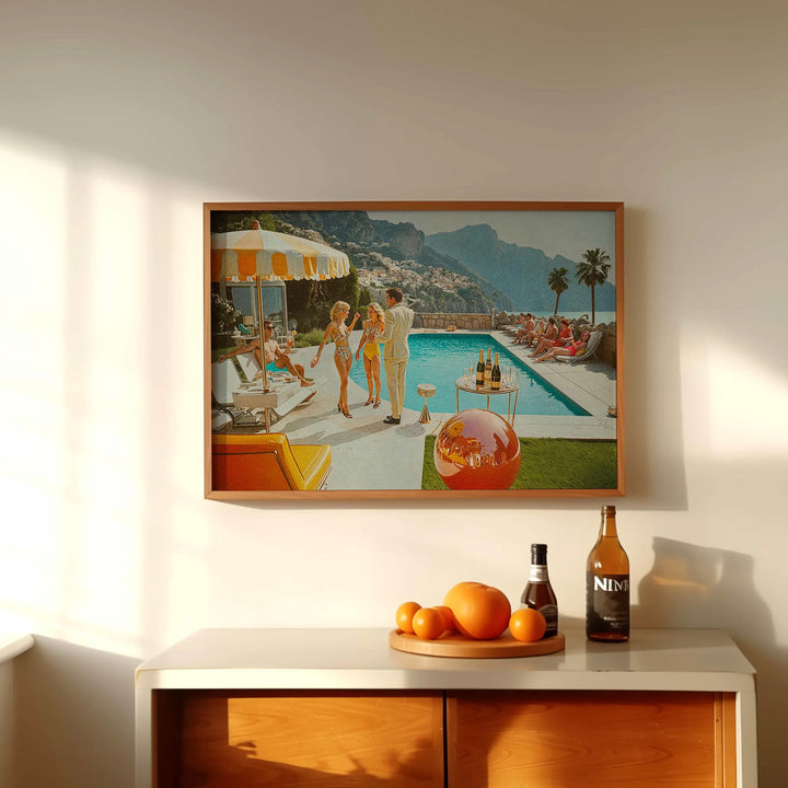 La Dolce Vita Poolside Party Retro Print,gallery wall,living room,timber border